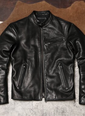 1930立领修身皮夹克 蜡染无涂厚软牛皮外套 秋冬男士真皮机车皮衣