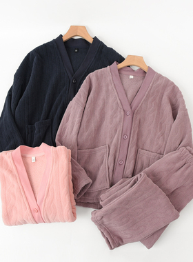 80933 情侣款 雪粒绒家居服套装 男士女士开衫睡衣睡裤 起居服