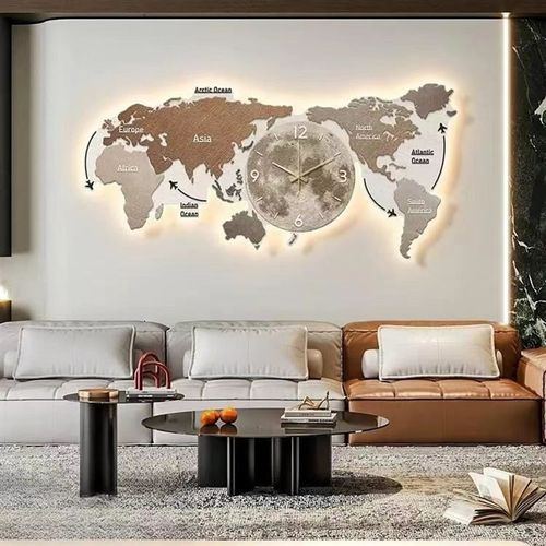 地图简约客厅装饰画壁灯现代轻奢大气壁画沙发背景墙挂画带挂钟表