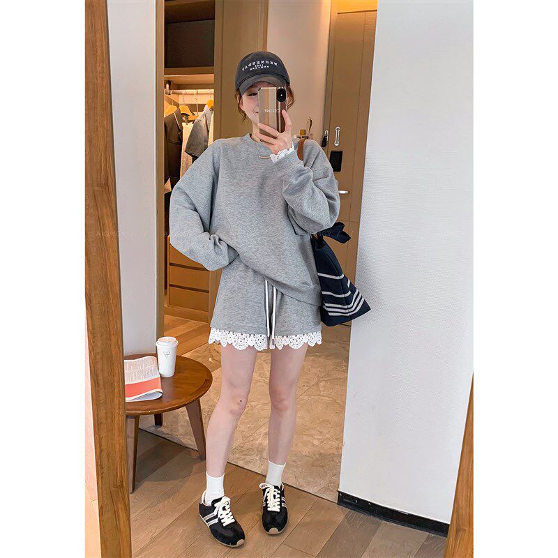 爱情魔鬼鱼 卫衣套装女2025春季新款长袖上衣蕾丝拼接短裤两件套