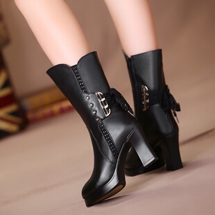 冬季女靴高跟鞋加绒妈妈中筒靴女粗跟防水台马靴羊毛棉靴保暖冬靴