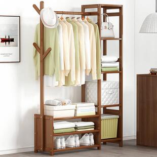 门口简易家用鞋柜衣帽架一体挂衣架落地式卧室楠竹多层置物架