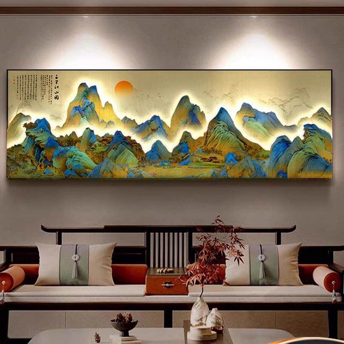 千里江山图客厅装饰画中式背景墙挂画高级大气3d立体山水画发光