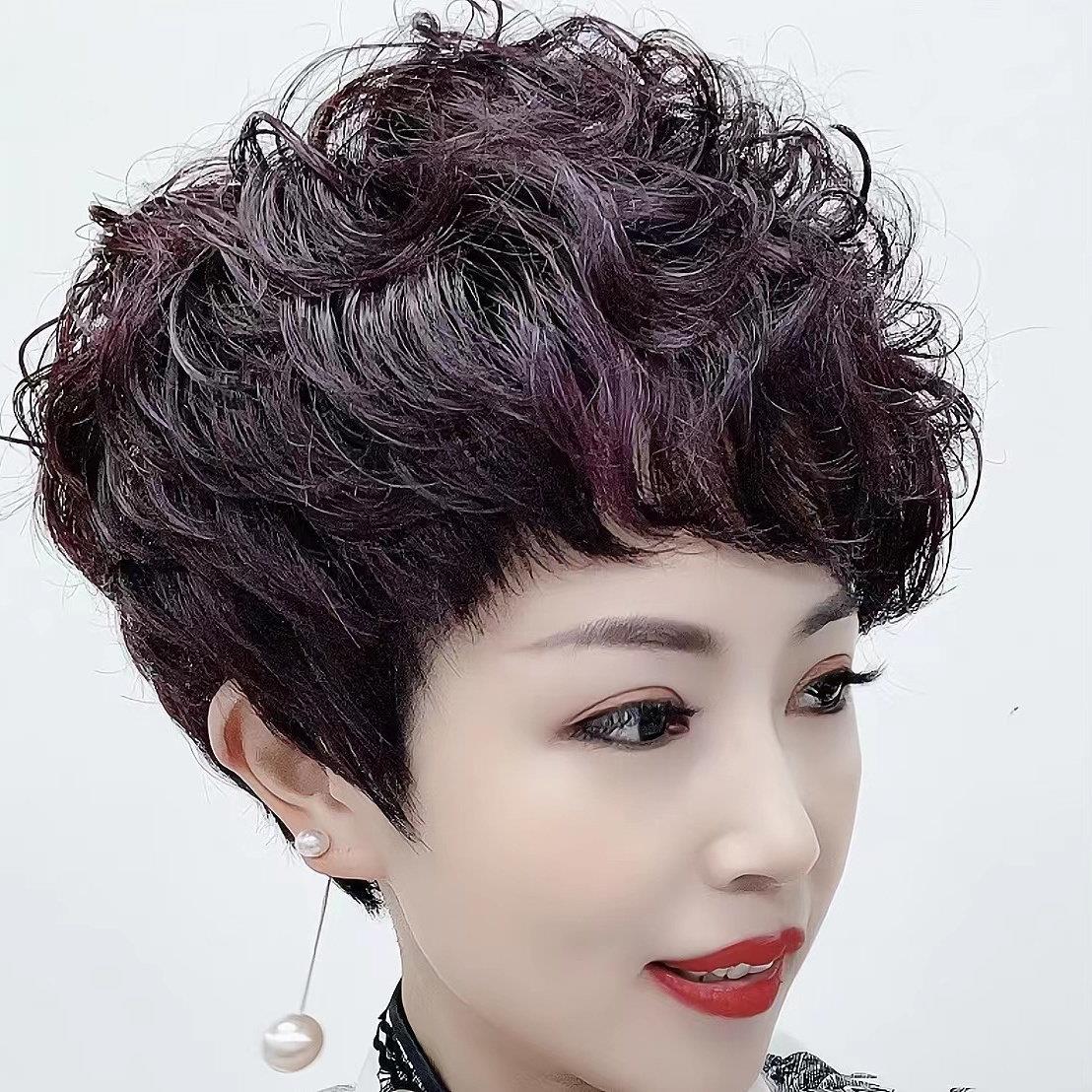 全手工全真发假发女中老年女士短发短卷发全头套式全真人发假发套