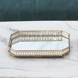 欧式轻奢玻璃金属托盘卧室客厅茶几玄关收纳盘水杯茶盘金色装饰品