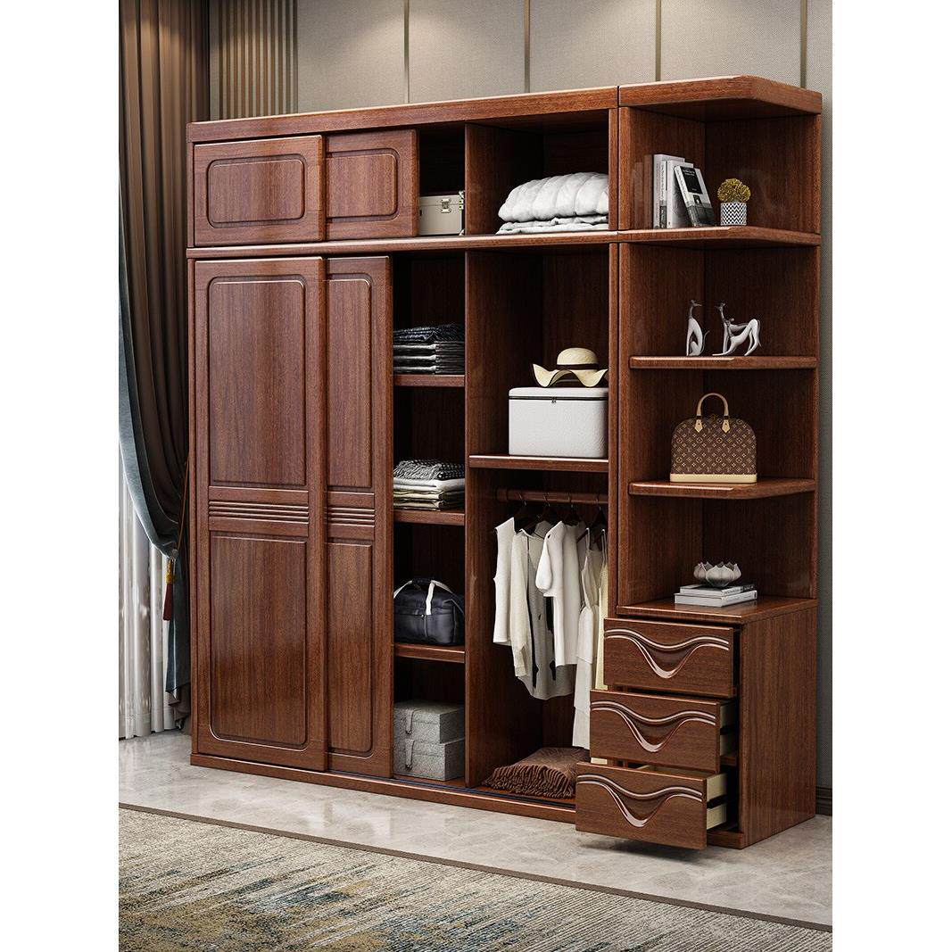胡桃木实木衣柜推拉门原木全实木中式家用卧室简约现代大容量衣柜