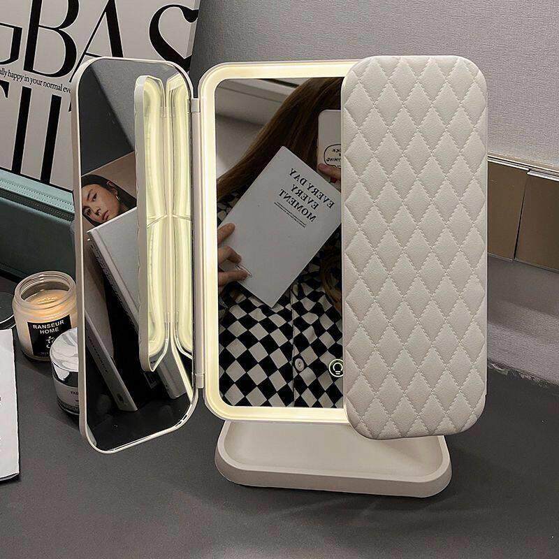 LED台式带灯化妆镜二合一体三面收纳盒折叠梳妆镜可调节豪华镜子