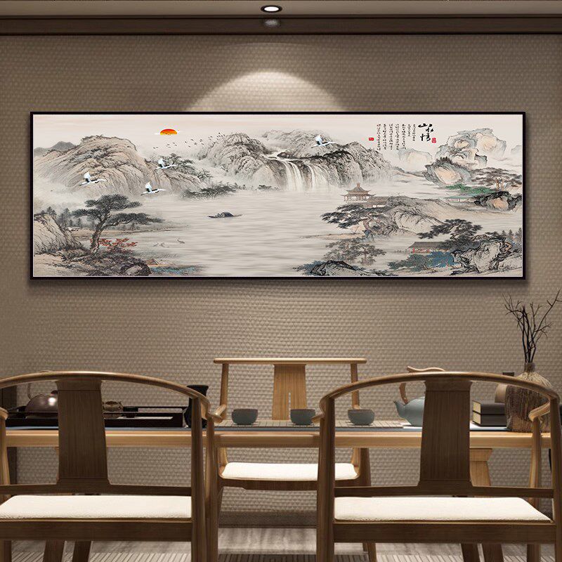 新中式客厅沙发背景墙装饰画办公室张大千挂画茶室山水画靠山图