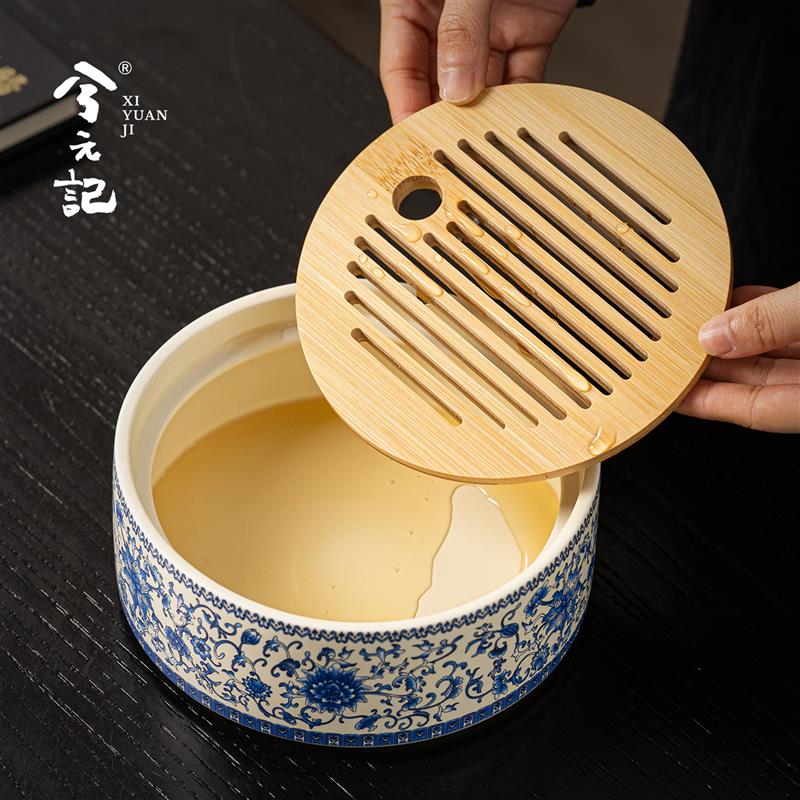 青花缠枝莲圆形茶盘干泡盘陶瓷储水式茶托盘家用壶承茶船茶台茶具