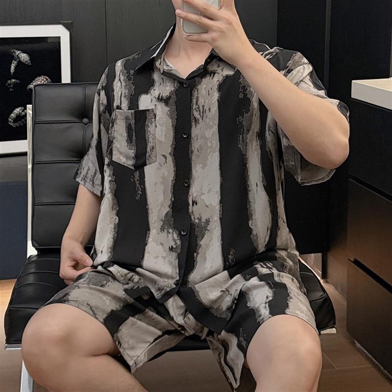 男士夏季薄款棉绸睡衣套装短袖短裤印花舒适居家风休闲条纹家居服