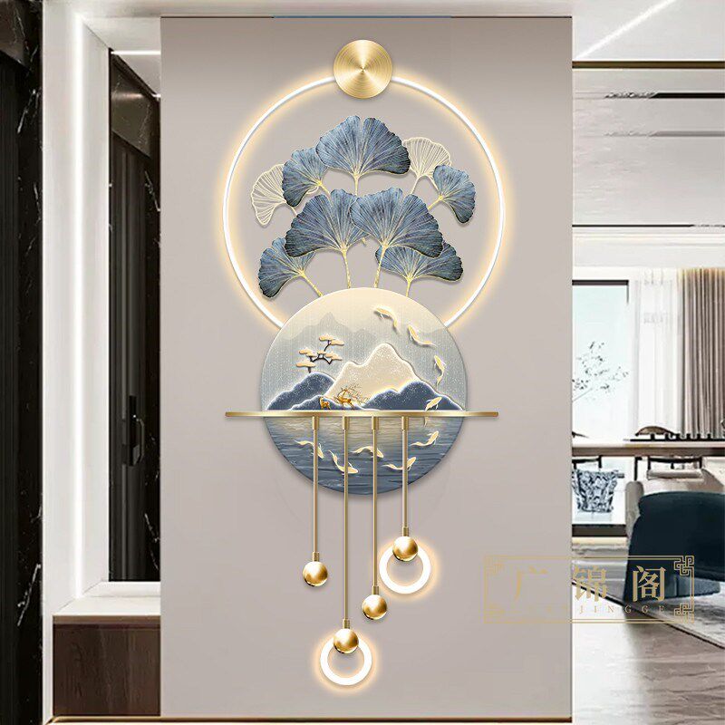 九鱼图玄关装饰画高档立体LED壁灯电视背景墙壁挂画入户走廊挂画