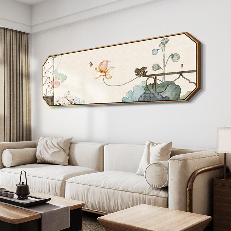 荷花壁画新中式卧室床头装饰画客厅沙发背景墙挂画寓意好墙画横幅