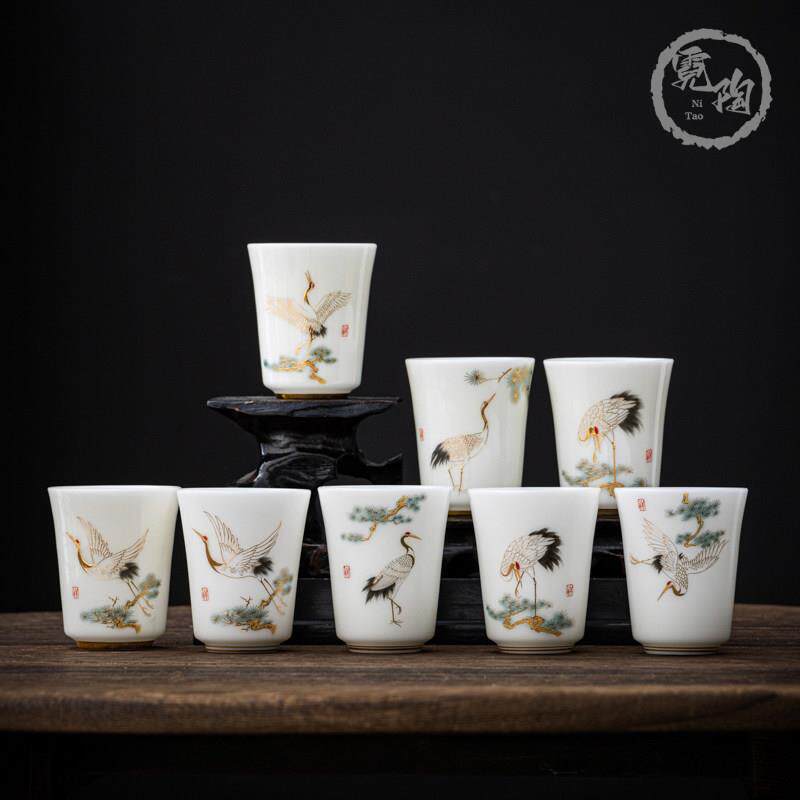德化高档冰种羊脂玉瓷仙鹤描金品茗杯白瓷闻香杯聚香杯主人杯茶具