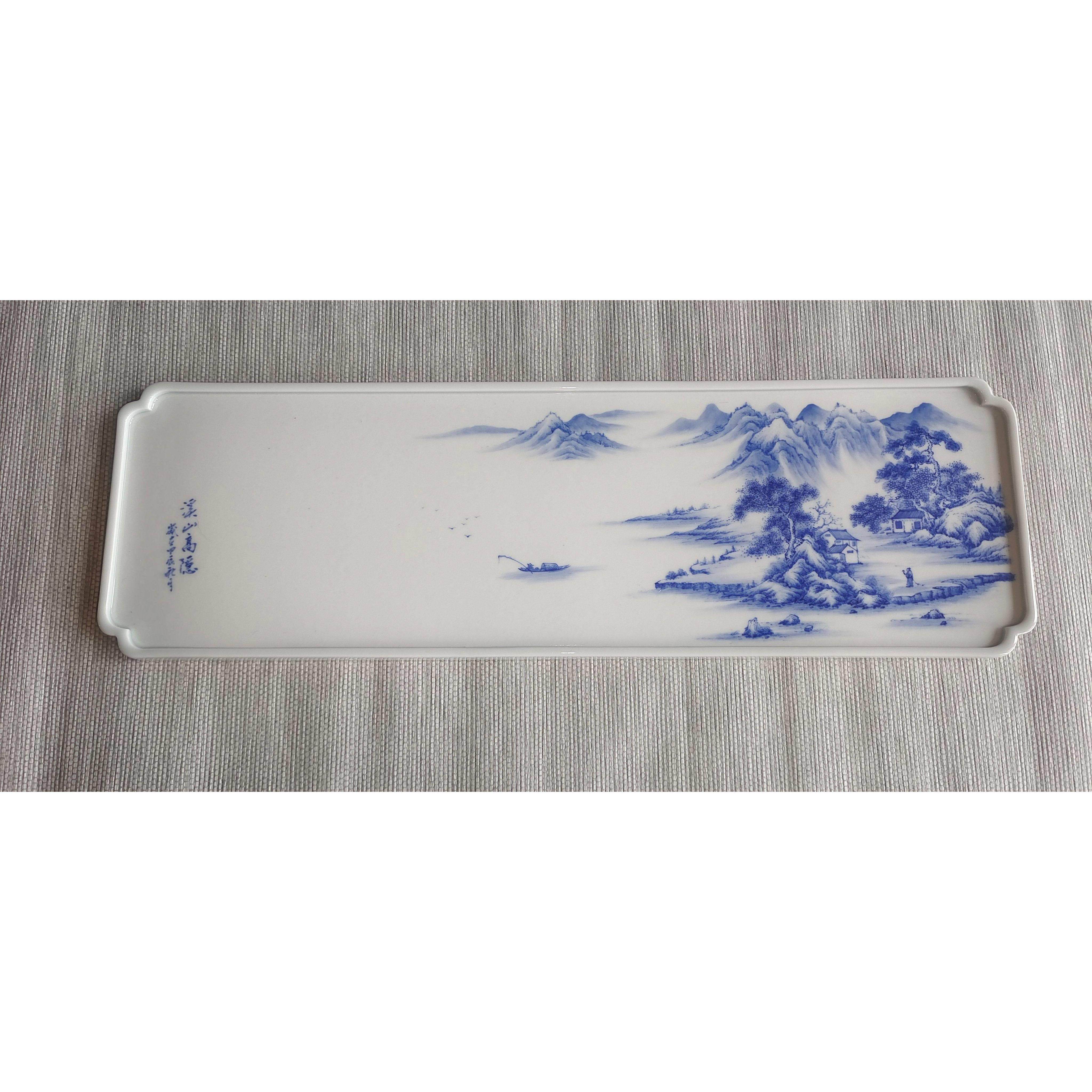 捡漏手工手绘青花山水陶瓷茶盘长方形景德镇釉下彩高温瓷壶承