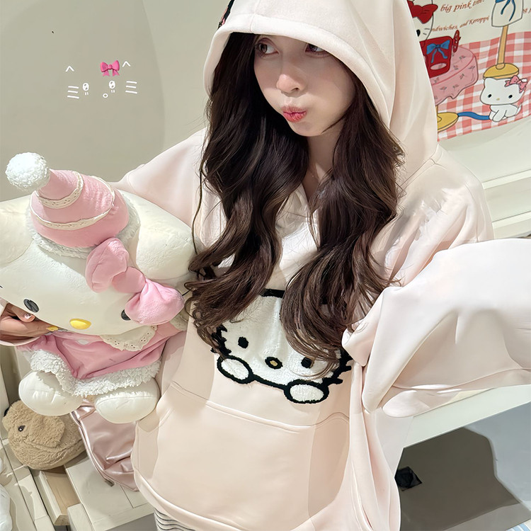 可爱萌系Kitty猫刺绣连帽卫卫衣/绒衫