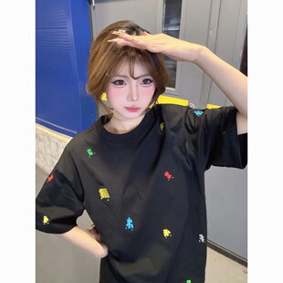 复古短袖 纯棉 刺绣工艺 美式 宽松潮牌情侣休闲上衣服 t恤女夏季