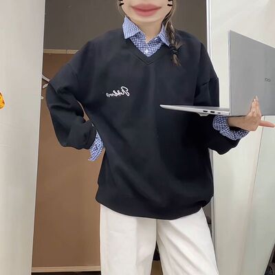 2025秋冬新款小蓝格拼接假两件加绒卫衣女设计感百搭polo领上衣