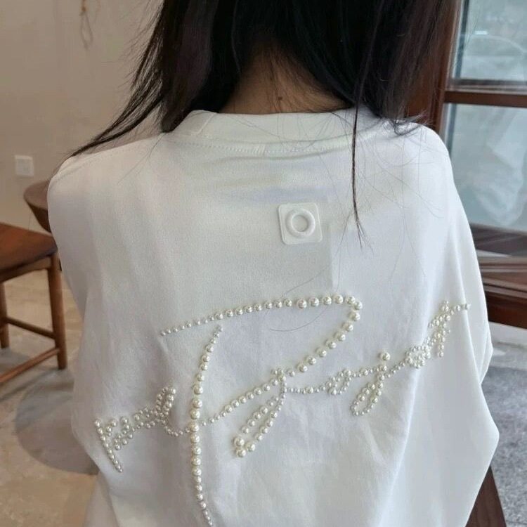 重工钉珠纯棉短袖t恤女2025新款夏日ootd穿搭宽松字母白色上衣潮