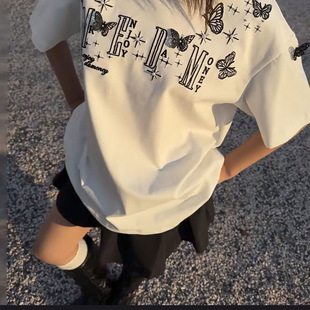 上衣打底衫 美式 短袖 潮牌宽松情侣款 高街纯棉蝴蝶刺绣夏季 2025新款