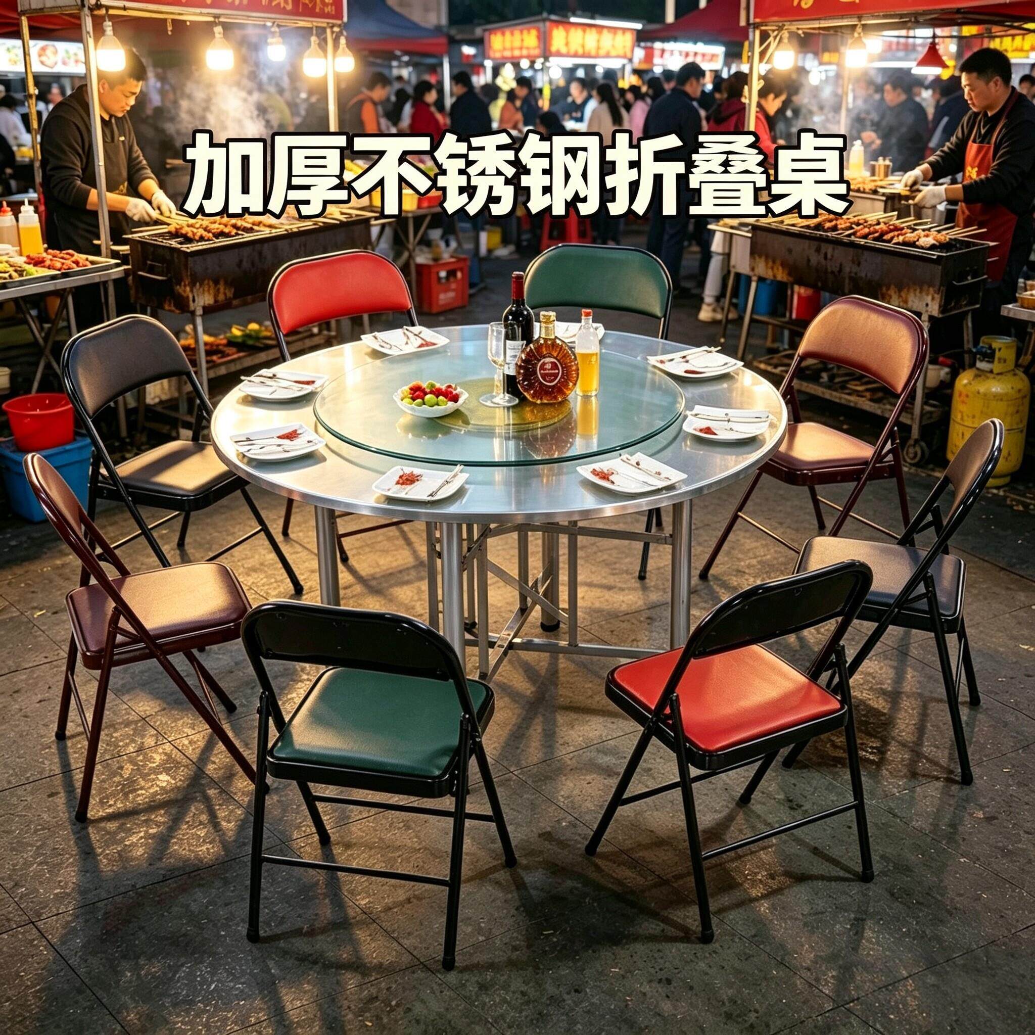 不锈钢折叠圆桌快餐店可折叠桌面烧烤摆摊桌子工厂大排档流动饭桌