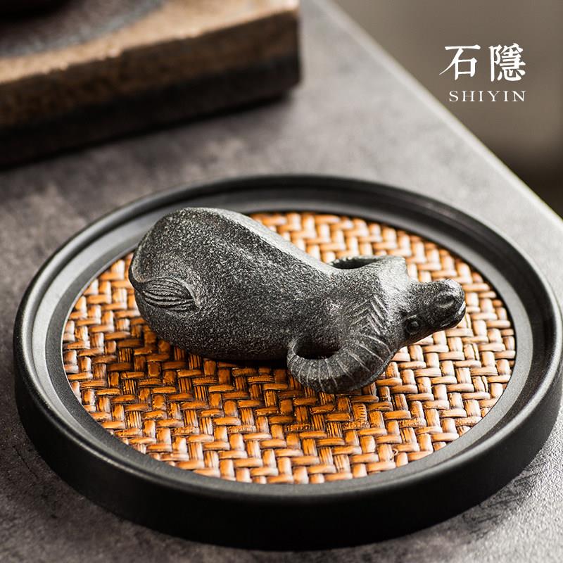 石隐茶宠摆件精品手工个性茶宠牛宠可养乌金石头茶具饰品创意水牛