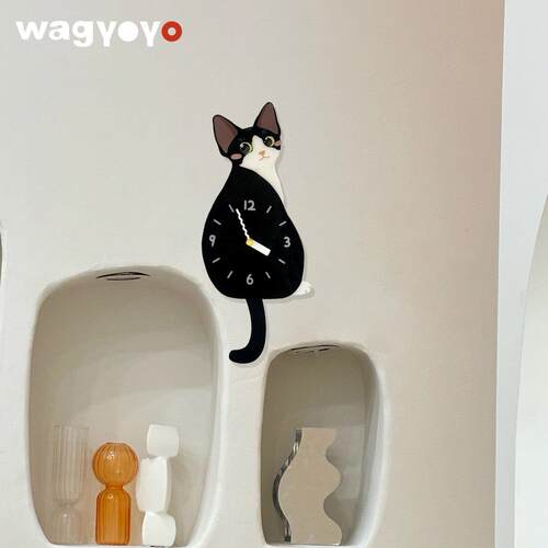 原创德文猫挂钟小猫挂钟尾巴可摇摆创意钟表乔迁礼物静音挂钟
