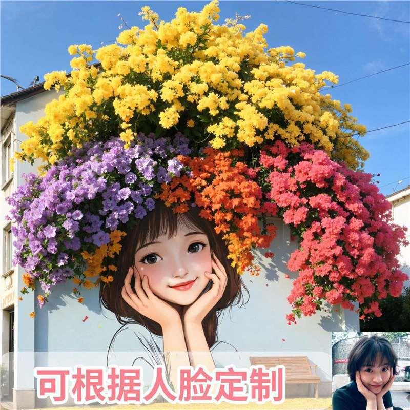 春季网红打卡彩绘画女孩花墙彷真玫瑰花风景区商业街头艺术画拍照