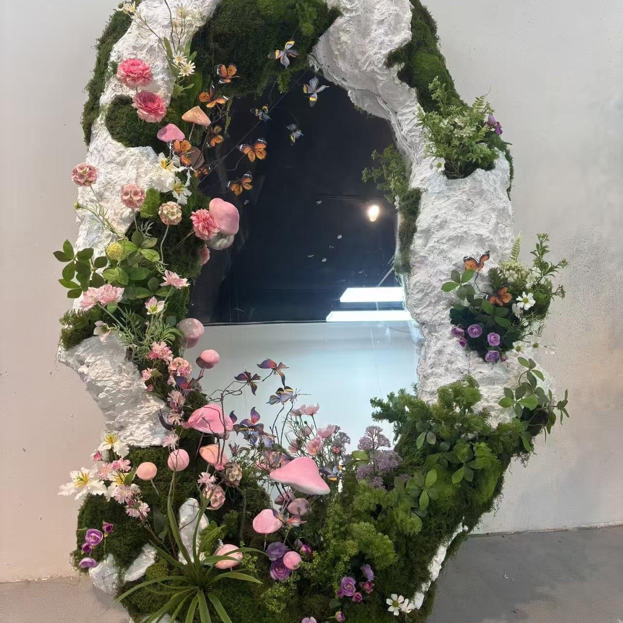 森系苔藓彷真花异形全身镜网红落地全身镜服装店橱窗美陈拍照道具