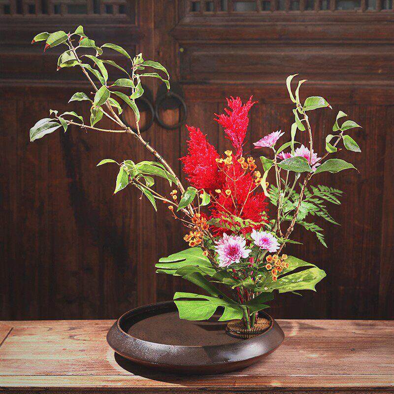 陶瓷花盘花器剑山插花器皿黑色磨砂水盘飞碟盘盆中式花艺底座花器