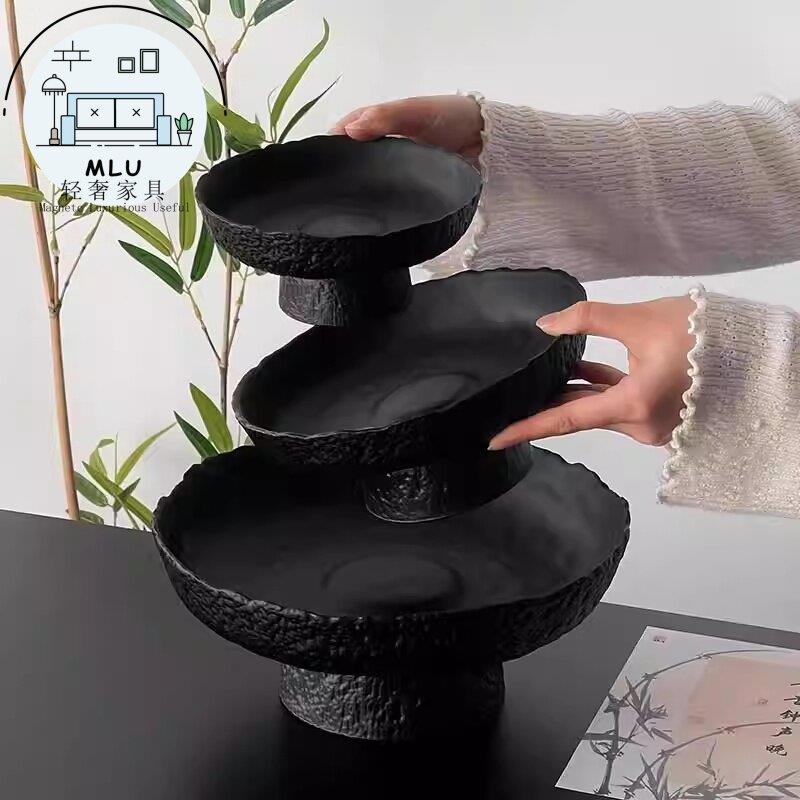 MLU黑色简约水果盘新春新款高颜值摆件客厅茶几家用轻奢高档茶点