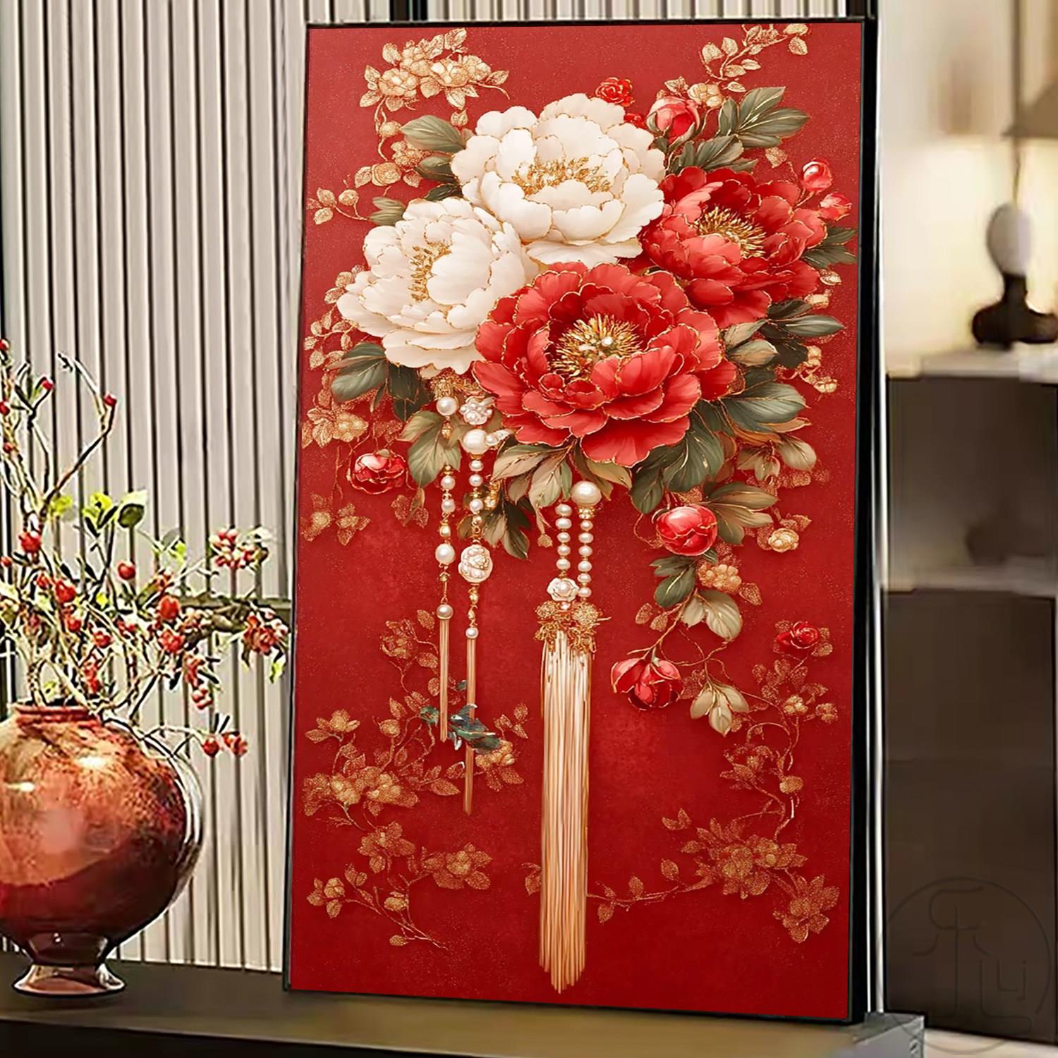 新中式富贵牡丹十字绣钻石画满钻贴画2026新款高级玄关客厅点贴钻
