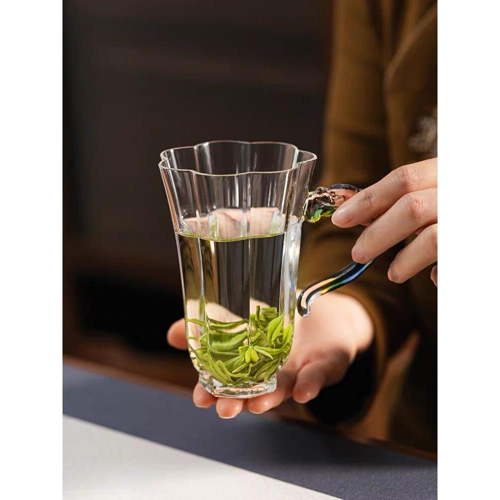 泡绿茶专用玻璃杯龙年龙把龙井茶杯高硼硅耐热喝茶杯家用带把水杯