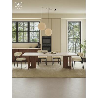 木和覆古餐桌和椅子组合石灰华石板家庭现代小公寓中世纪风格长方