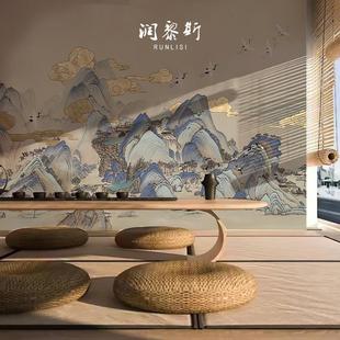 轻奢山水墙布手绘仙鹤壁纸沙发电视背景墙纸茶室壁画 润黎斯新中式