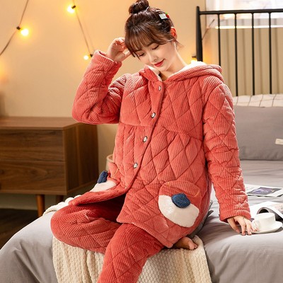 冬款月子服12月份产后孕妇睡衣冬天孕晚期加绒加厚可外穿三层夹棉