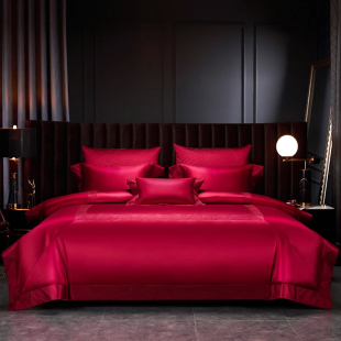 现代轻奢纯棉四件式 高端婚庆长绒棉结婚礼陪嫁被套酒红色床上用品