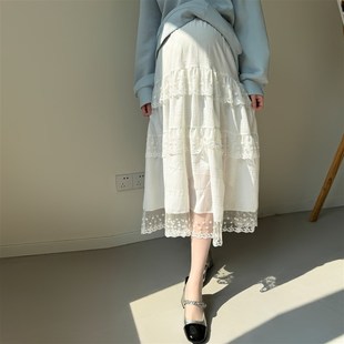孕妇半身裙春夏外穿白色甜美蕾丝无托腹中长款 裙子高腰显瘦A字裙