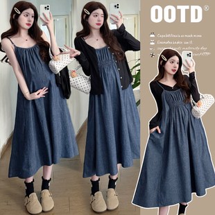 宽松显瘦减龄牛仔吊带裙开衫 孕妇春装 中长款 连衣裙韩版 两件套 新款
