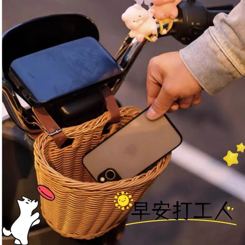 儿童宝宝自行车前车筐三轮滑板车复古编织车篮P子通用遛娃神器车