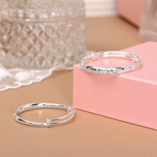 兔虎宝宝银手镯一对999纯银镯子推拉婴幼儿童满月周岁送小孩礼物