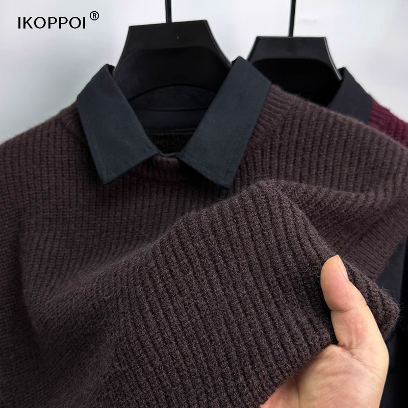 休闲毛衣男士2024秋冬季衬衫领加厚针织衫韩版假两件青年百搭上衣