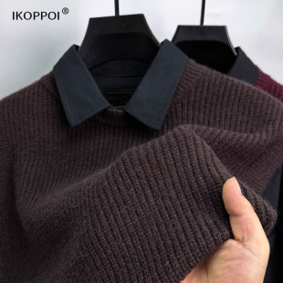 韩版 休闲毛衣男士 领加厚针织衫 衬衫 假两件青年百搭上衣 2024秋冬季