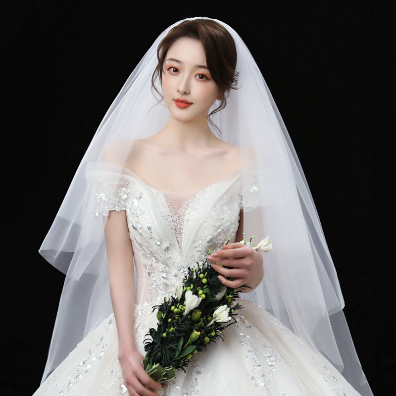 速发头纱新娘主婚纱m白色长款香槟色拖尾头饰R超仙森系结婚复古拍