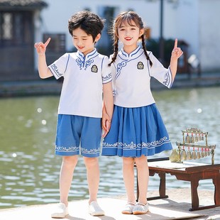 中小学生幼儿园园服x儿童班服中国风汉服夏装 校服套装 青花瓷演出