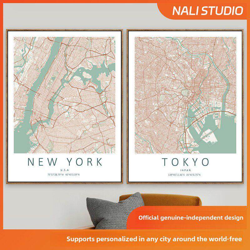 定制城市地图装饰画彩色线条北欧客厅工作室ins风礼物海上挂画芯