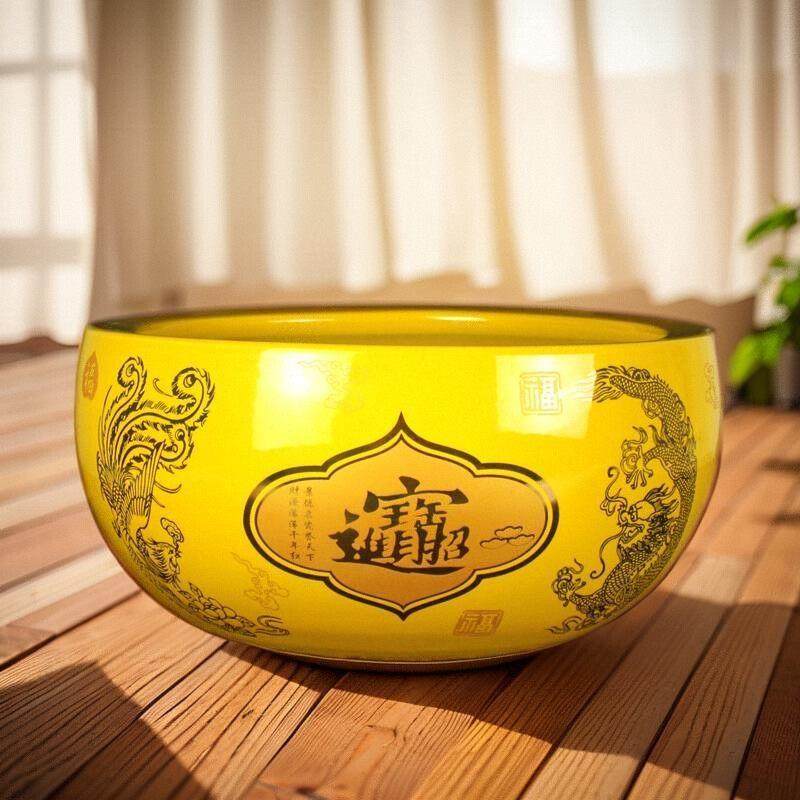 景德镇黄色陶瓷聚宝盆招财聚财鱼缸客厅创意花瓶瓷器摆件金色花盆