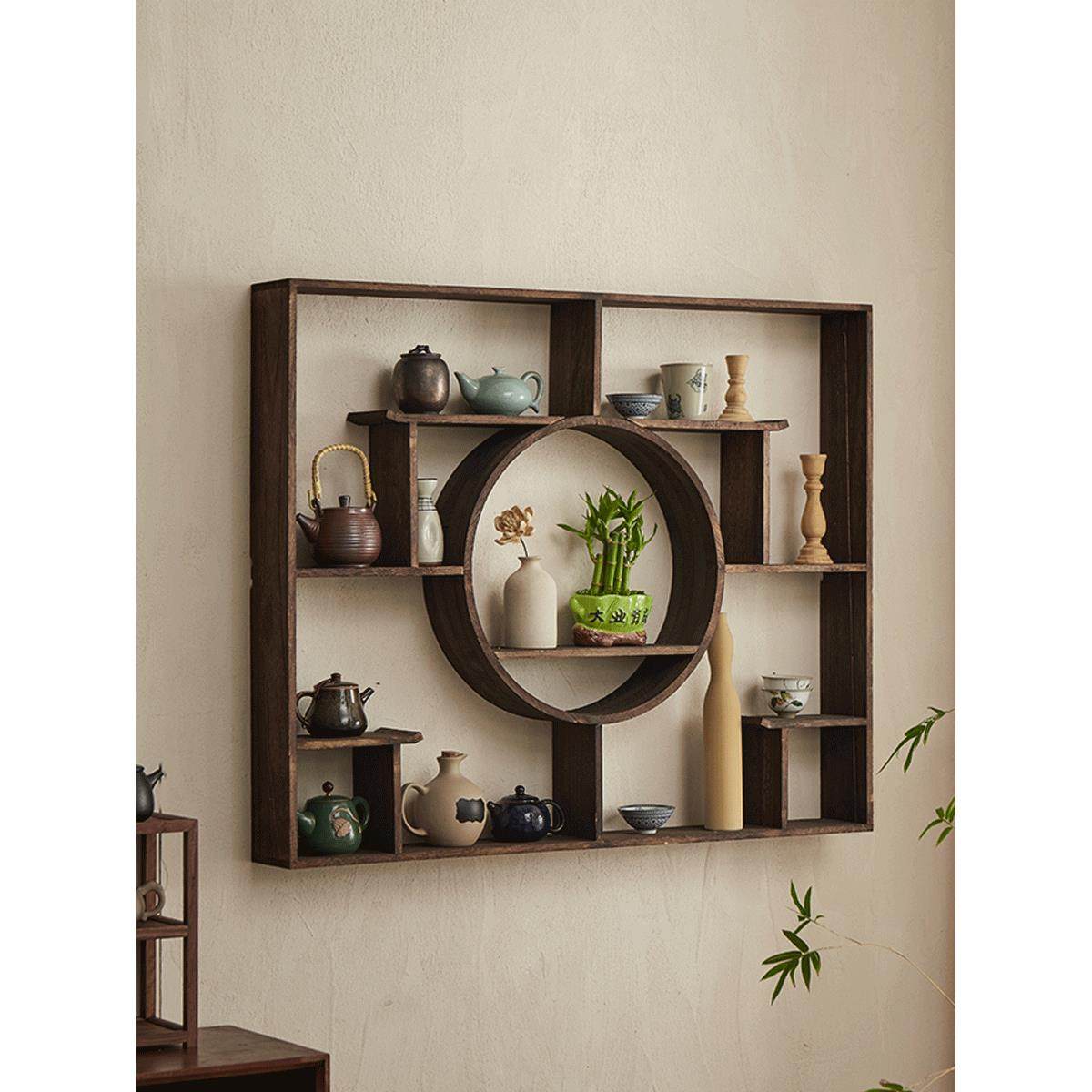 长方形实木中式博古架壁挂式圆形多宝阁挂墙茶壶架子置物架古董架