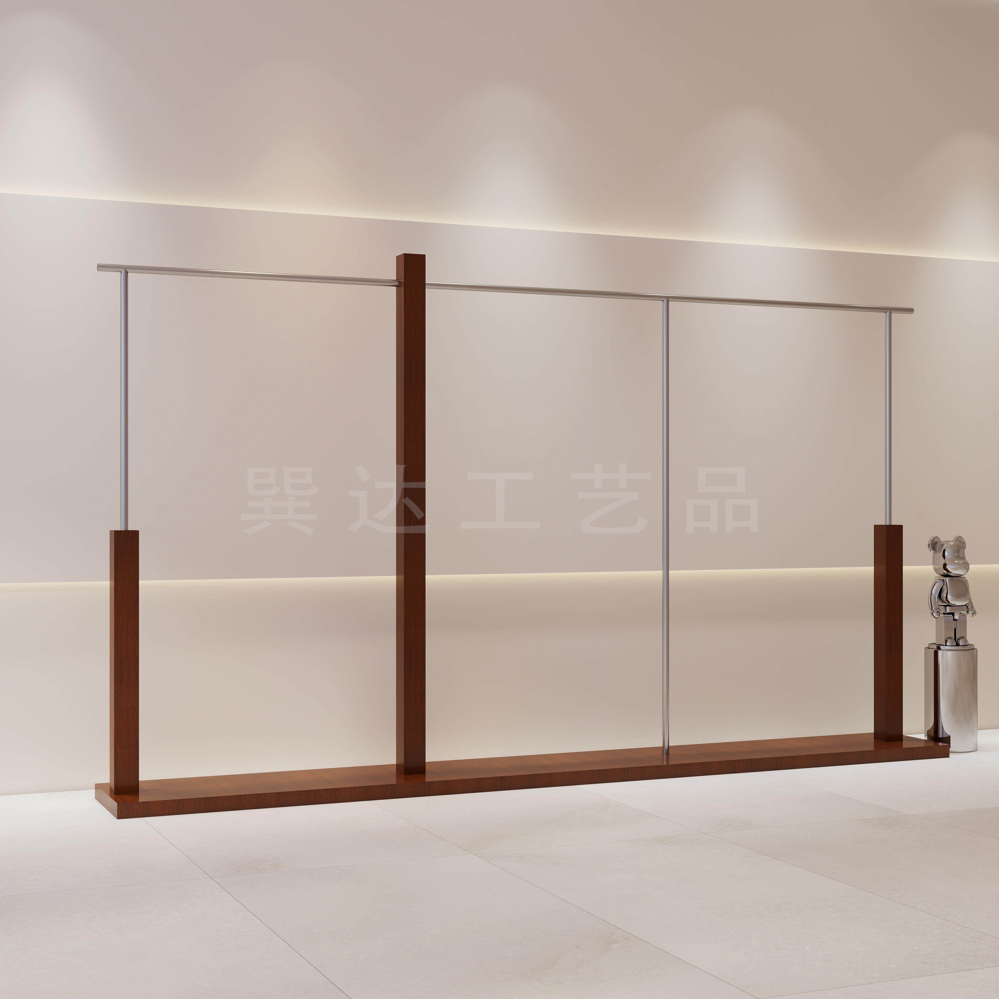 服装店展示架女装店不锈钢胡桃木色挂衣架仿原木中岛落地架挂衣杆