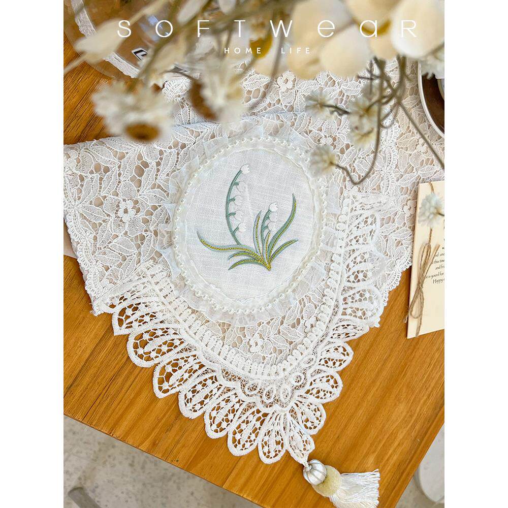 韩式法式田园白色蕾丝双层桌布桌旗覆古流苏装饰巾斗柜盖布茶几旗