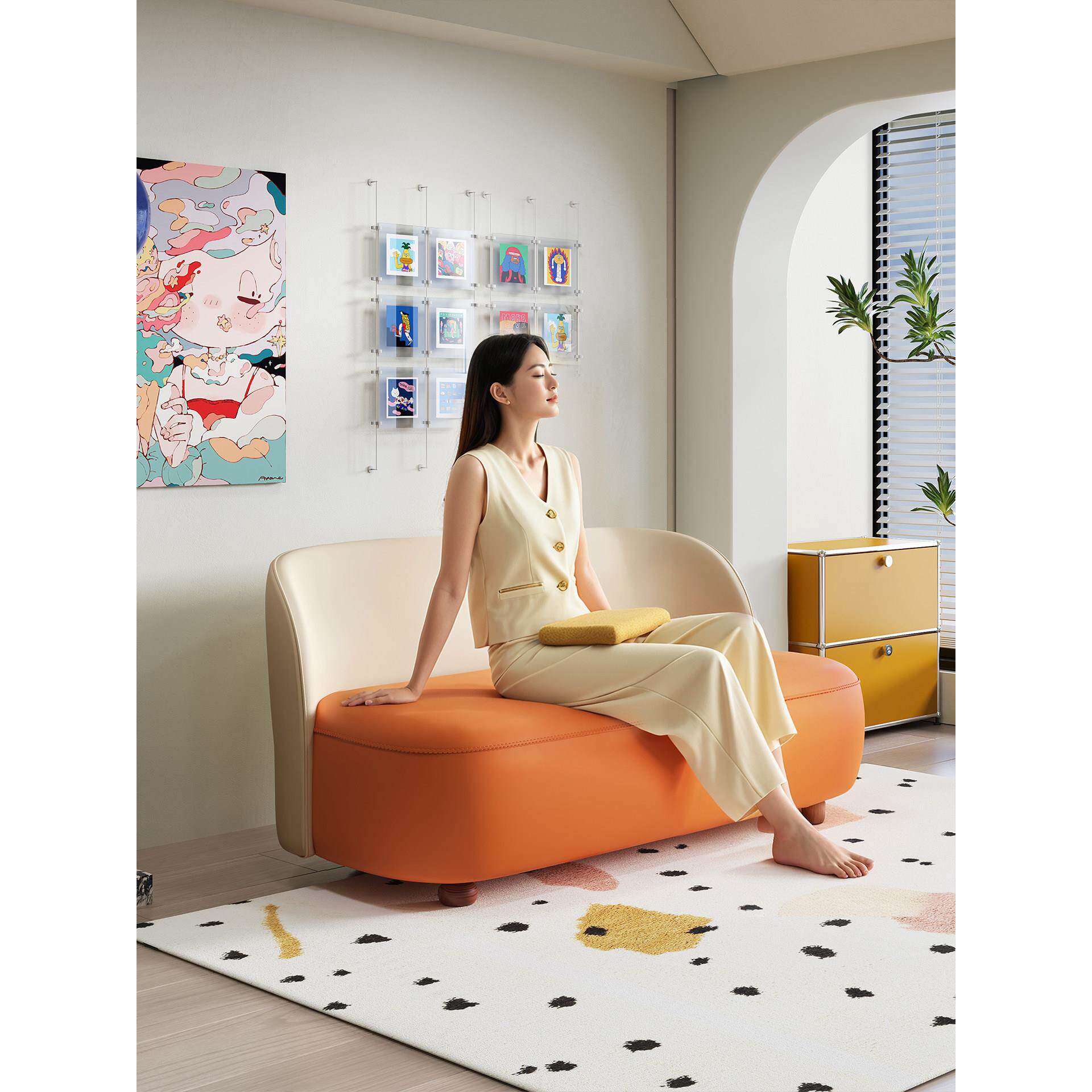 新款拼色小沙发卧室超窄小户型双人网红休闲民宿女装服装店休息